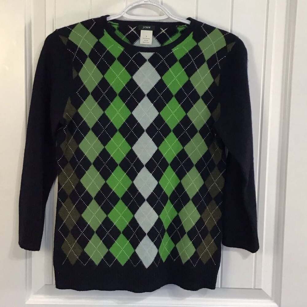 J.Crew 100% Cashmere Argyle Sweater Small Green Navy 3/4 Sleeve Y2K Retro